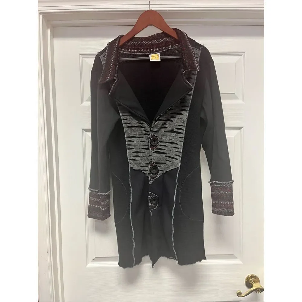 Hand Jive Art To Wear Black Mixed Media Cardigan Sweater sz M Handmade Lagenlook